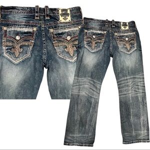 ROCK REVIVAL Jenkins Relaxed Distressed Red Stitching Faux Flap Pkt Jeans Sz 36